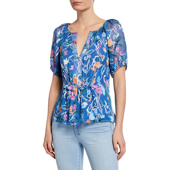 Tanya Taylor | Silk Blue Floral Puff Sleeve Top NWOT Sz 20 - Picture 1 of 8